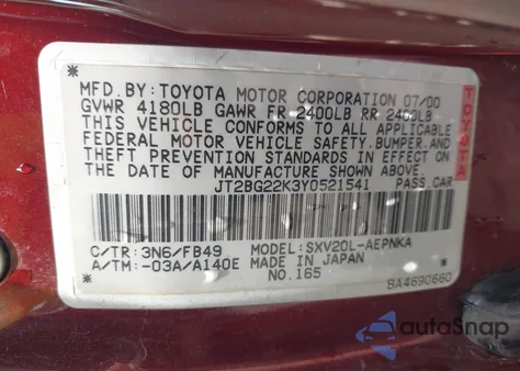 2000 Toyota Camry Le from USA, damaged, VIN JT2BG22K3Y0521541